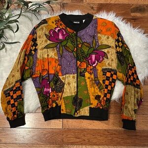 Vintage 1990'S Rayon Patchwork Bomber Jacket All Over Floral Print Design Size M